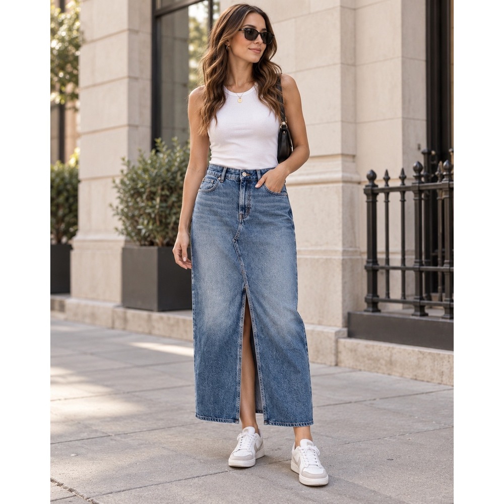 Madewell Rilee Midi Denim Skirt Blue High Waisted Front Slit Long Jean Skirt 29